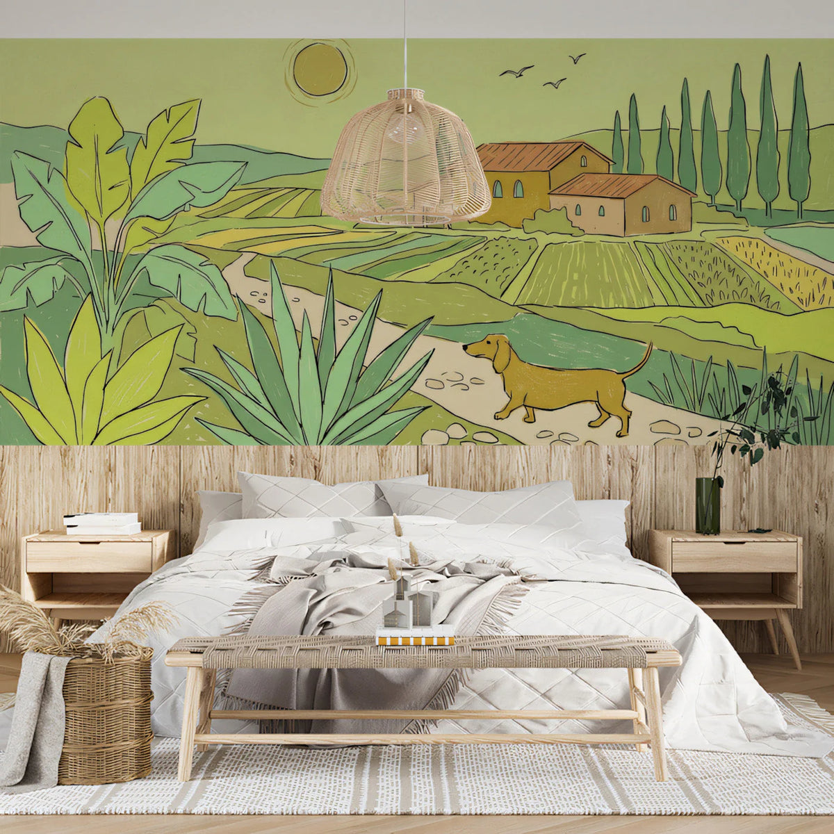 Tuscan Landscape Mural Wallpaper with Dachshund and Fields Mural Wallpaper - pure wallpaper artwork