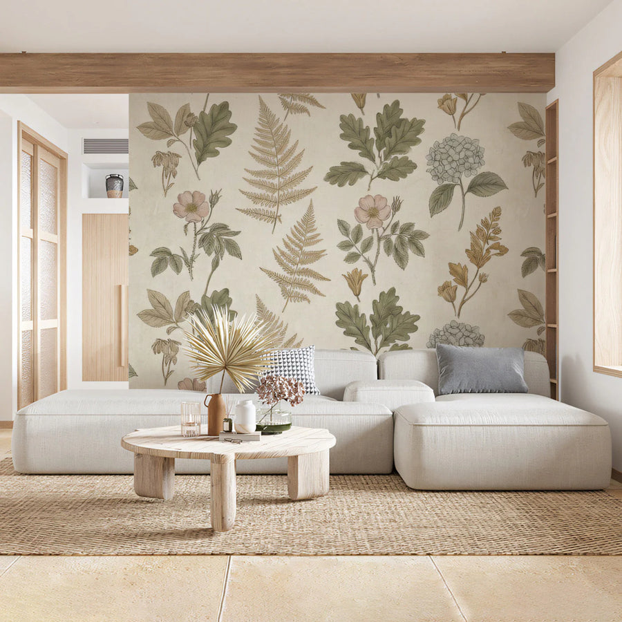 Vintage Botanical Illustration Mural Wallpaper in Muted Earth Tones Mural Wallpaper