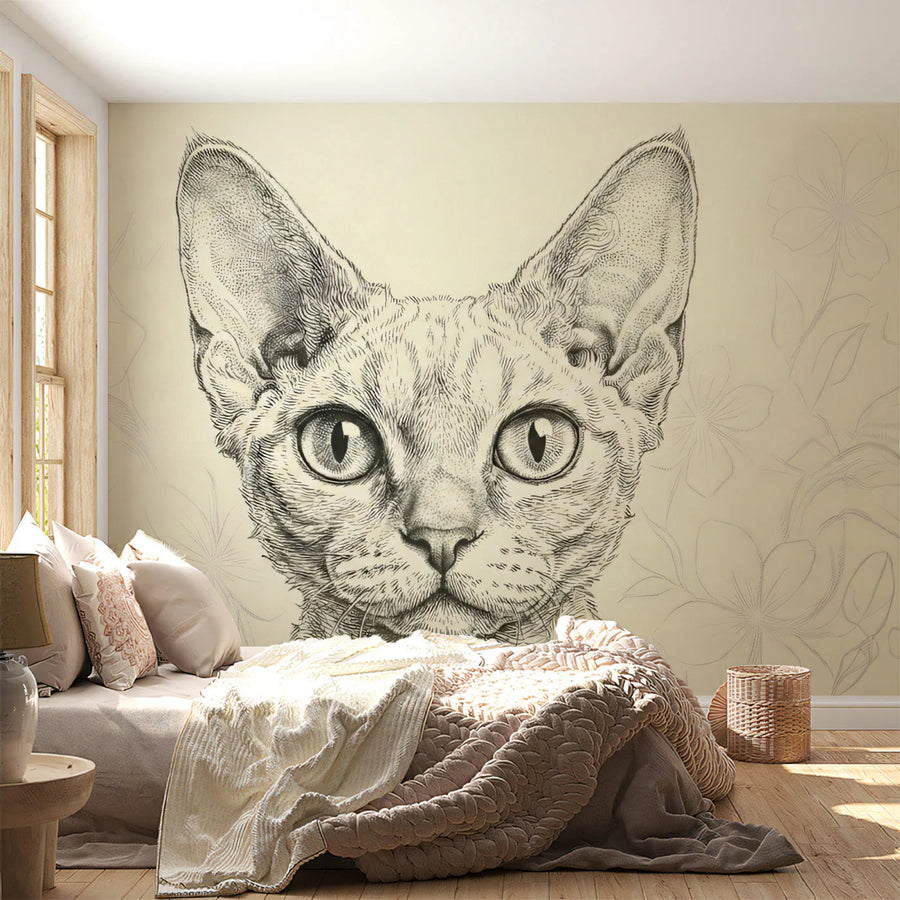 Devon Rex Cat Sketch Mural Wallpaper — Artistic Line Drawing Mural Wallpaper