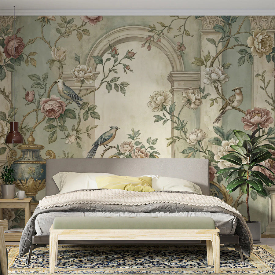 Renaissance Garden Arch Mural Wallpaper with Floral and Bird Motifs Mural Wallpaper