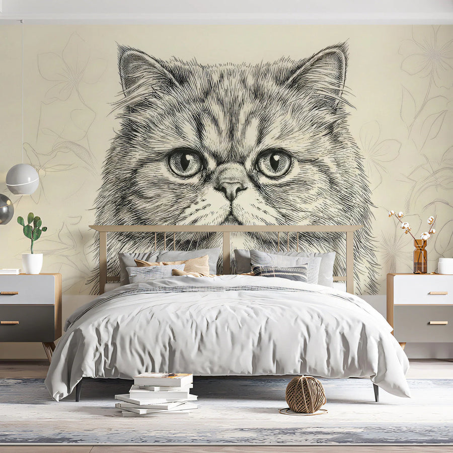 Cat Portrait Line Art Mural Wallpaper — Sophisticated Sketch Design Mural Wallpaper