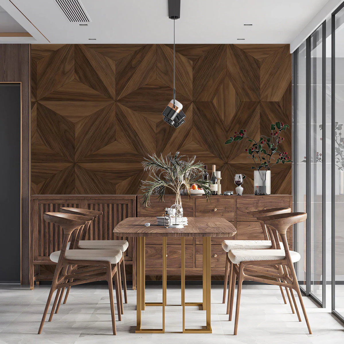 Geometric Walnut Parquet Mural Wallpaper — Sophisticated Wood Grain Mural Wallpaper - pure wallpaper artwork