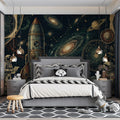Vintage Space Exploration Mural Wallpaper — Cosmic Retro Style Mural Wallpaper - pure wallpaper artwork