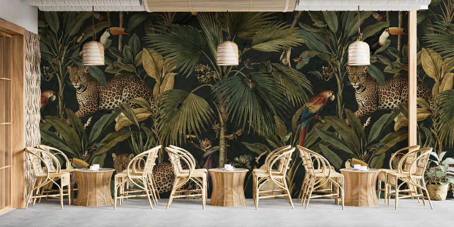 Jungle Expedition Mural Wallpaper —Moody Tropical Botanical Mural Wallpaper