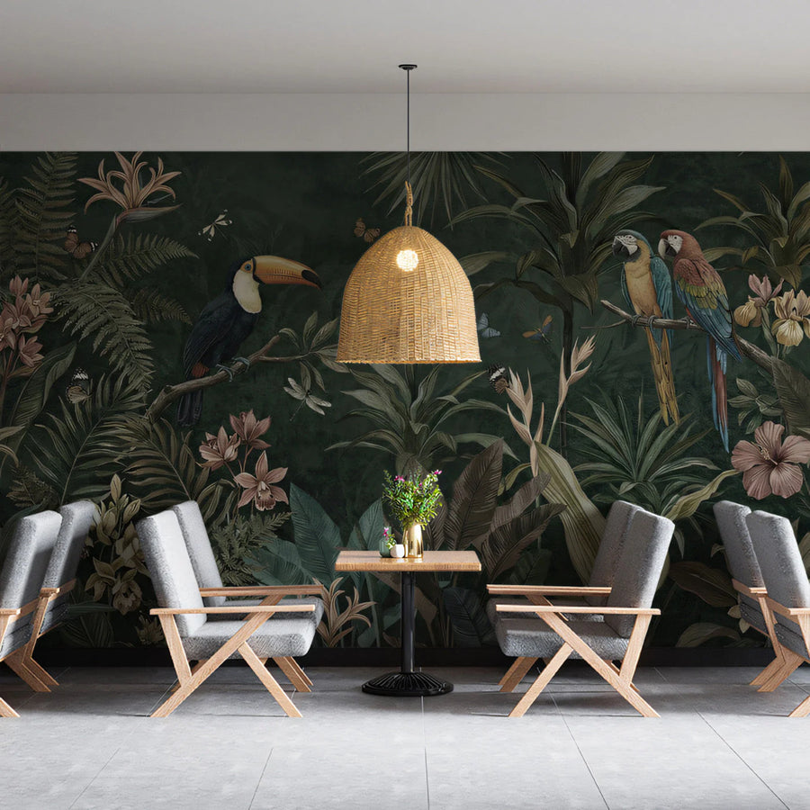 Jungle Paradise Mural Wallpaper in Deep Forest Green Mural Wallpaper