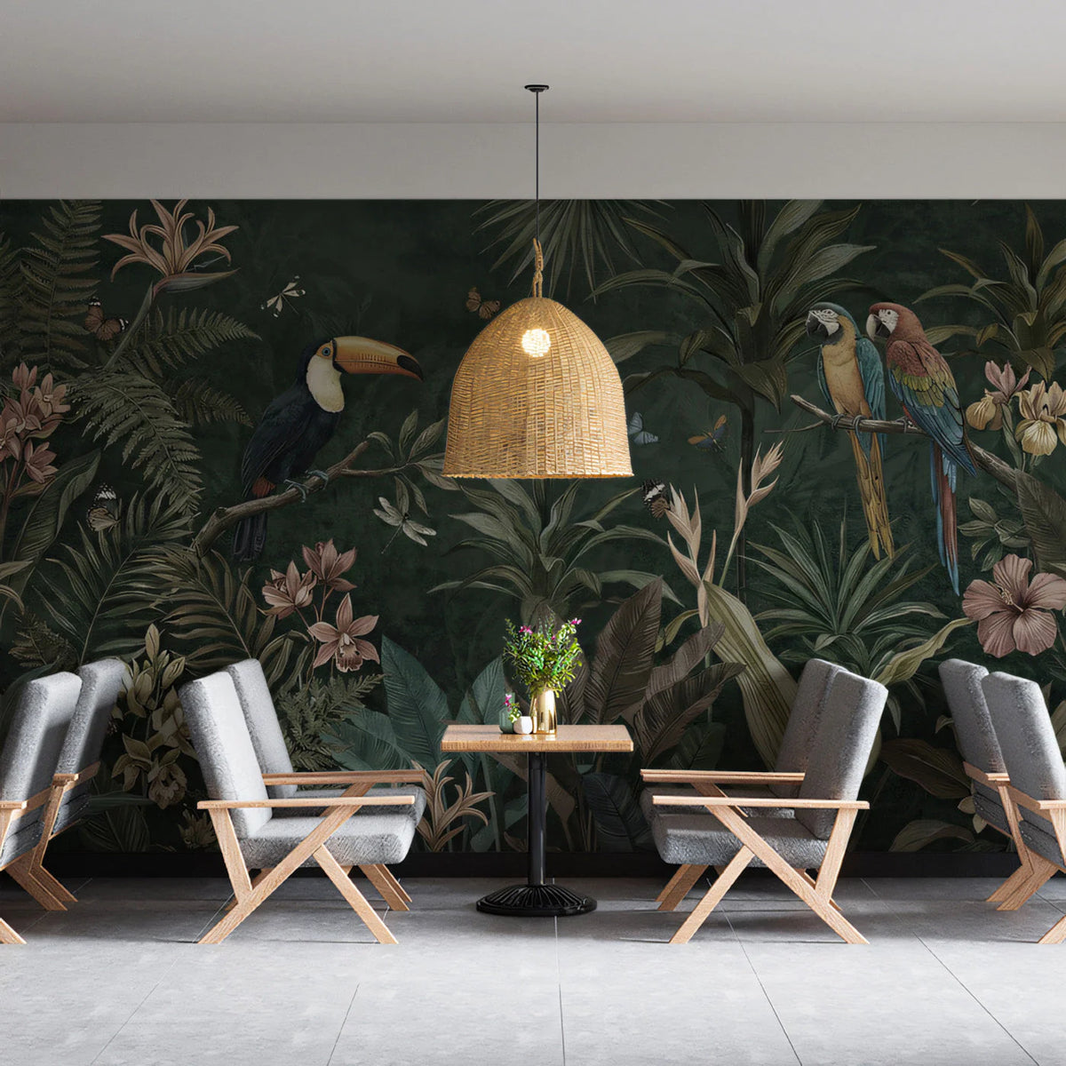 Jungle Paradise Mural Wallpaper in Deep Forest Green Mural Wallpaper - pure wallpaper artwork