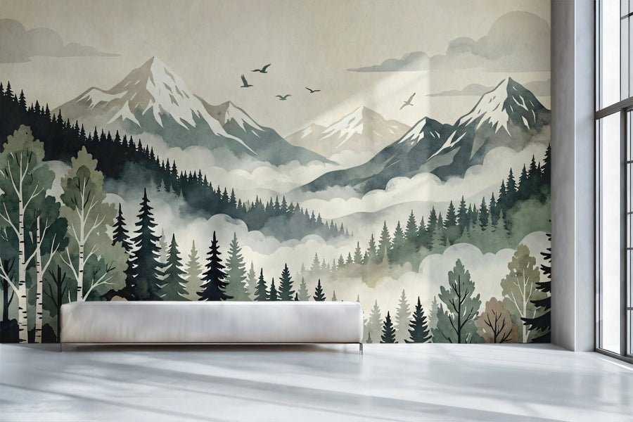 Mist-Covered Alpine Forest Mural Wallpaper — Soft Watercolor Design Mural Wallpaper