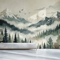 Mist-Covered Alpine Forest Mural Wallpaper — Soft Watercolor Design Mural Wallpaper - pure wallpaper artwork