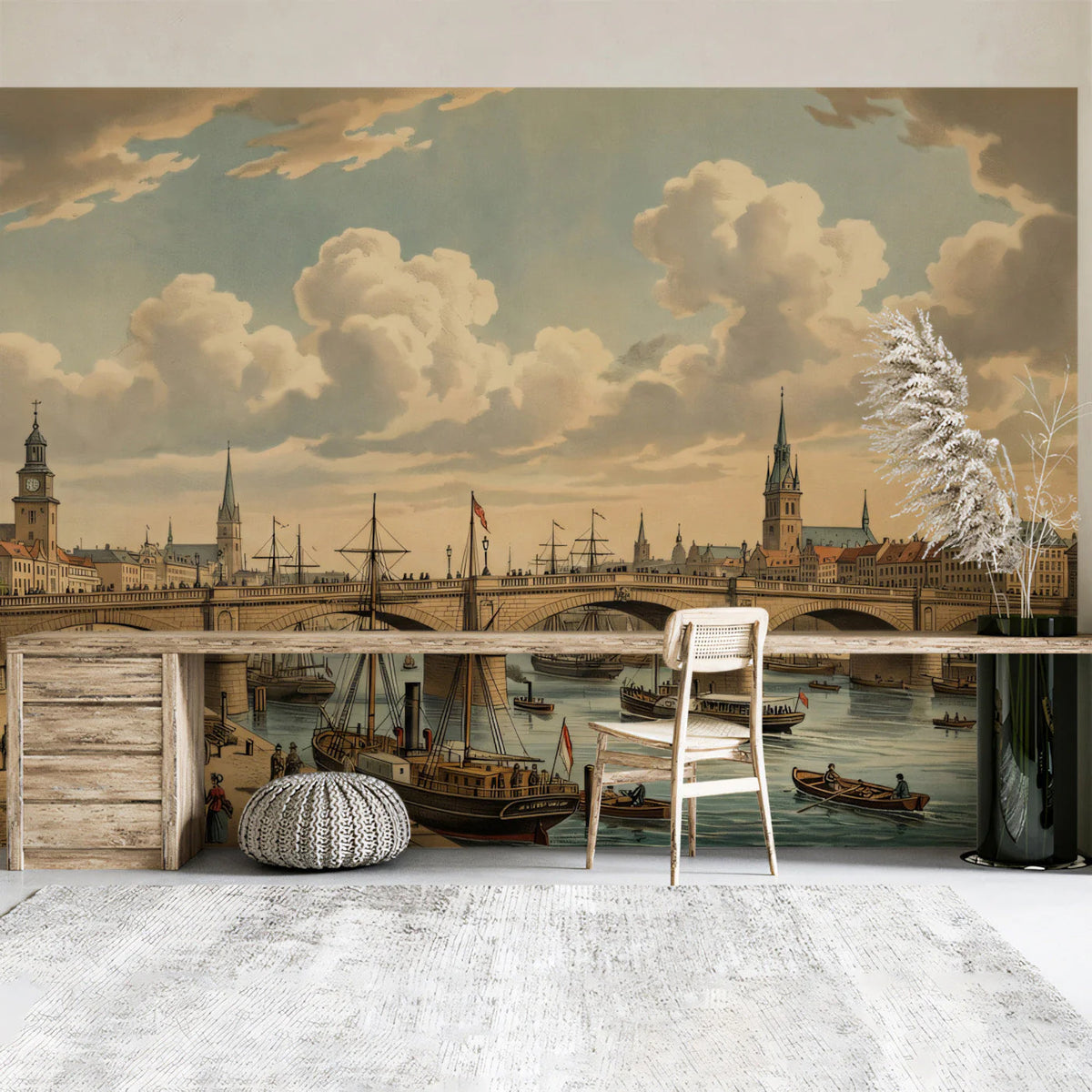 Historical Harbor Cityscape Mural Wallpaper —Vintage Art Mural Wallpaper - pure wallpaper artwork