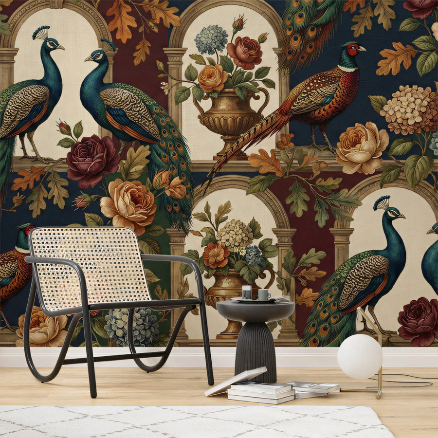 Avian Garden Arch Mural Wallpaper — Rich Botanical Tapestry Mural Wallpaper