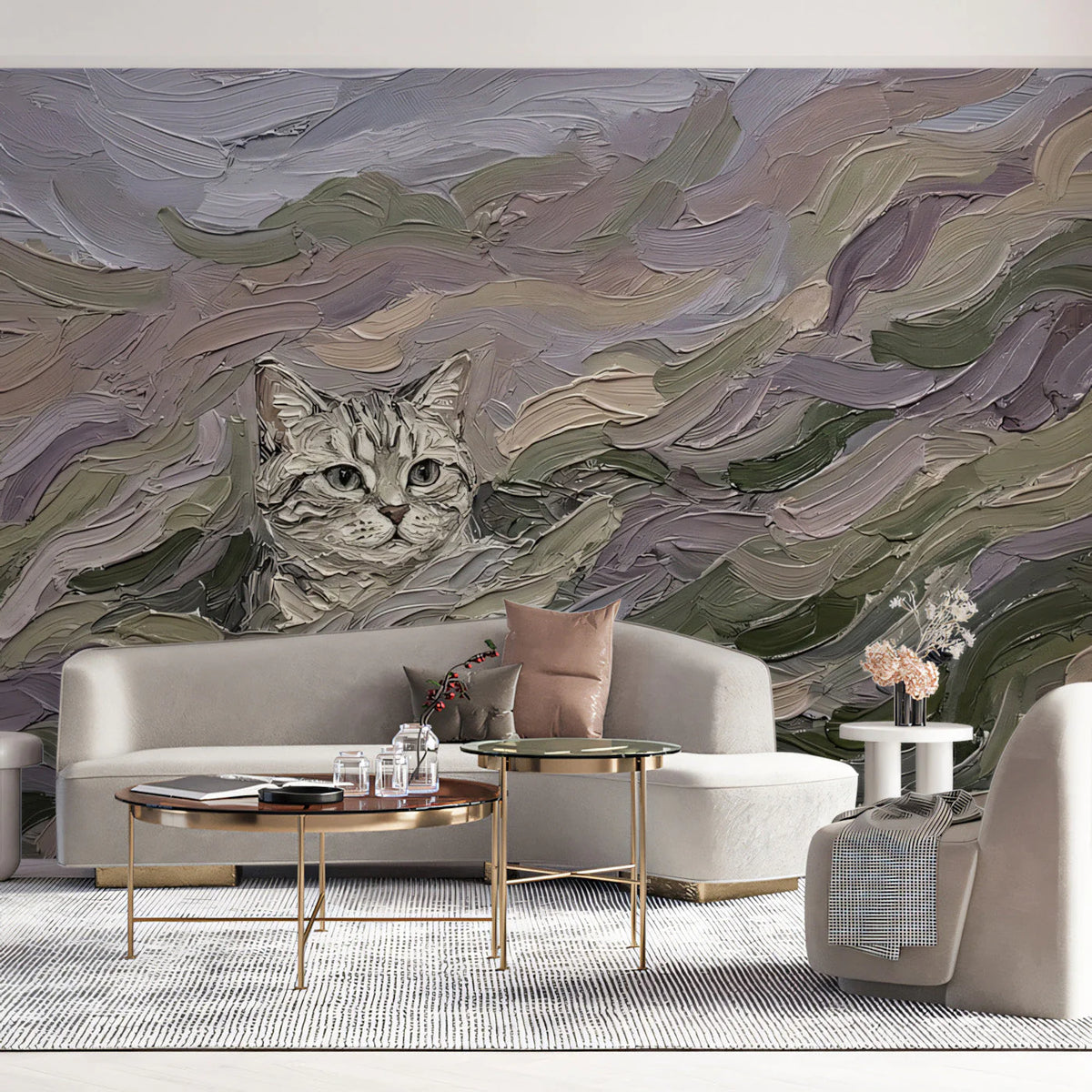 Impressionist Cat in Meadow Mural Wallpaper — Artistic Texture Mural Wallpaper - pure wallpaper artwork