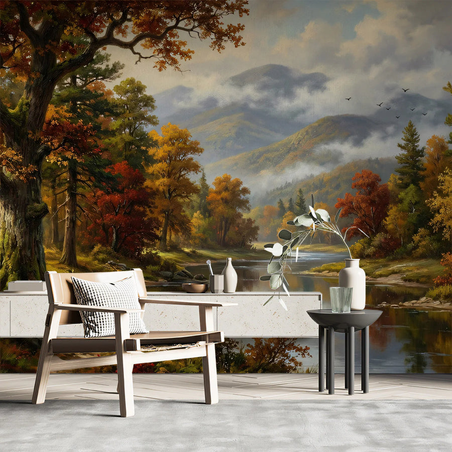 Autumn River Valley Landscape Mural Wallpaper — Impressionistic Scenery Mural Wallpaper