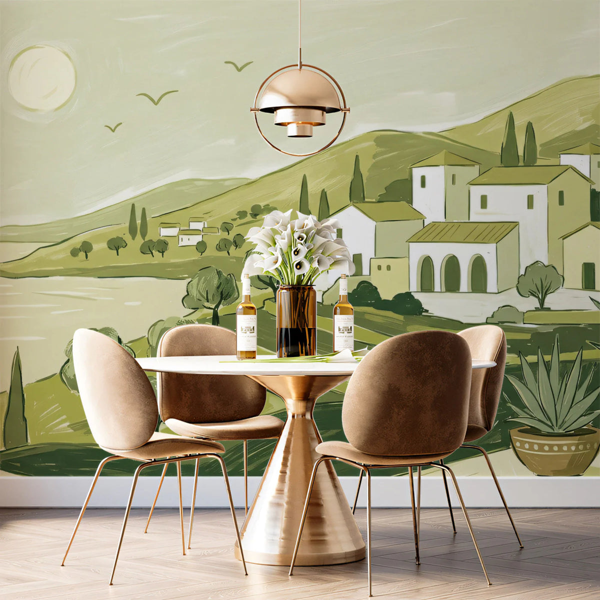 Mediterranean Coastline Mural Wallpaper in Sage and Olive Green Mural Wallpaper - pure wallpaper artwork