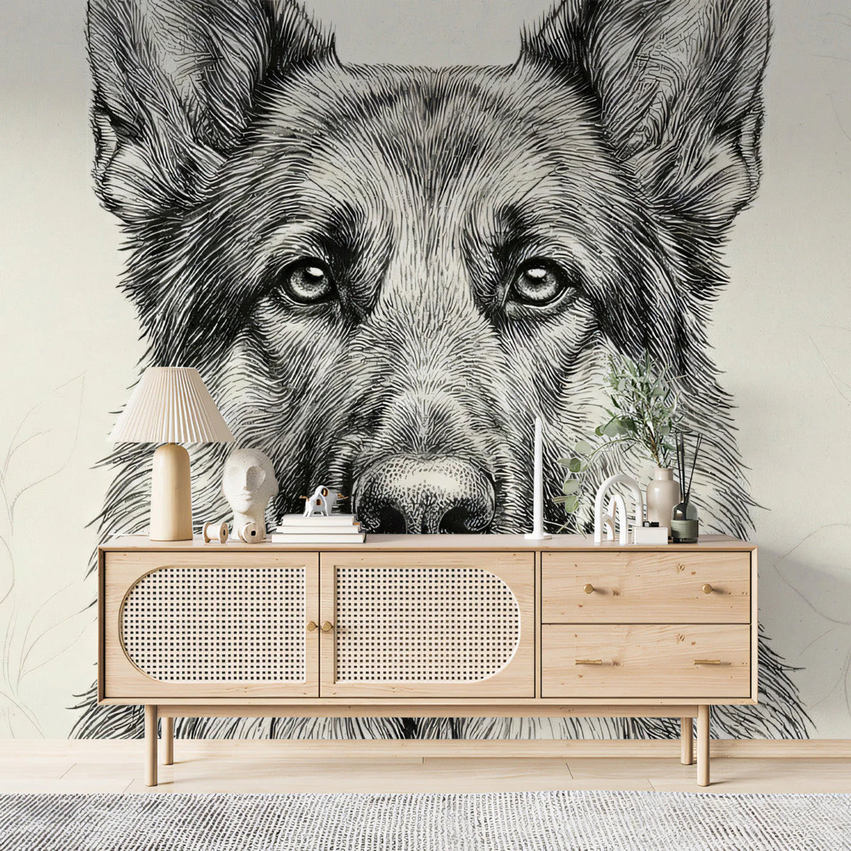 German Shepherd Portrait Mural Wallpaper — Fine Line Art Style Mural Wallpaper - pure wallpaper artwork