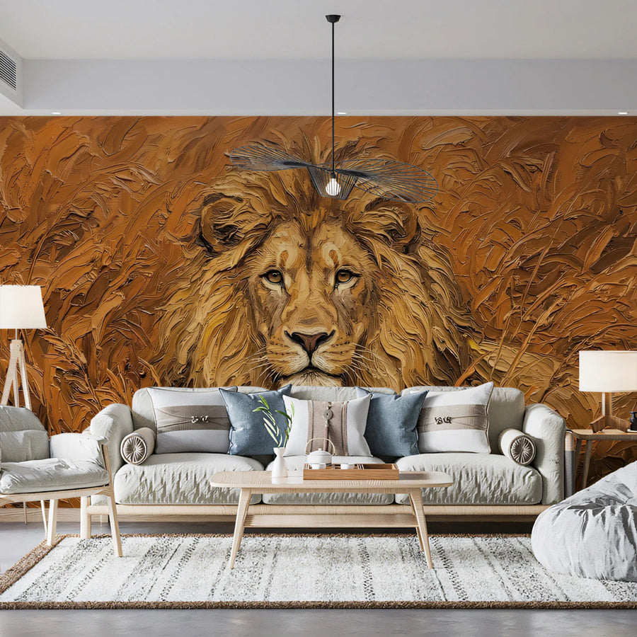 Lion Portrait Mural Wallpaper — Impasto Oil Painting Style Mural Wallpaper