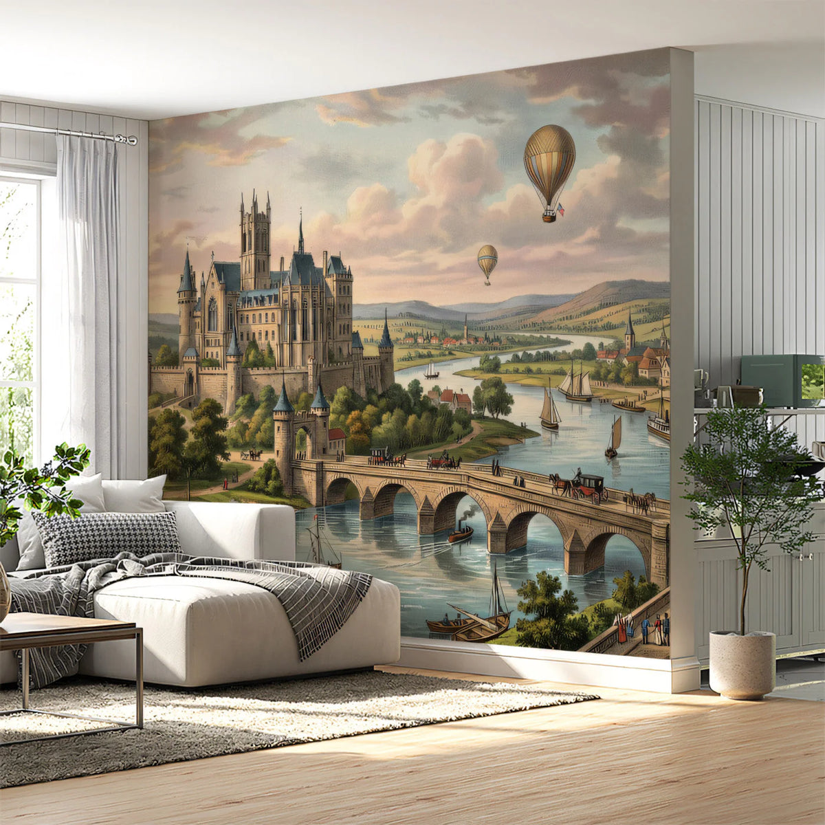 Gothic Castle Landscape Mural Wallpaper with Vintage Airships Mural Wallpaper - pure wallpaper artwork