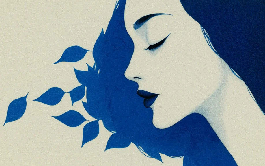Graphic Blue Leaf Profile Mural Wallpaper Minimalist Female Silhouette, Modern Organic Art Mural Wallpaper - pure wallpaper artwork