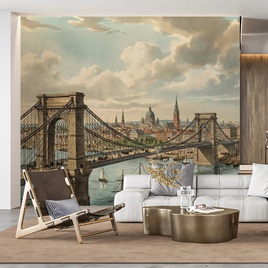 Vintage Suspension Bridge Mural Wallpaper — Historical City Scene Mural Wallpaper