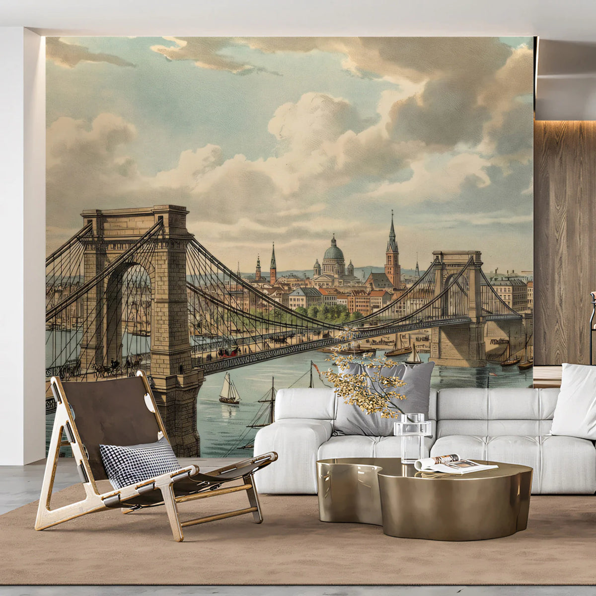 Vintage Suspension Bridge Mural Wallpaper — Historical City Scene Mural Wallpaper - pure wallpaper artwork