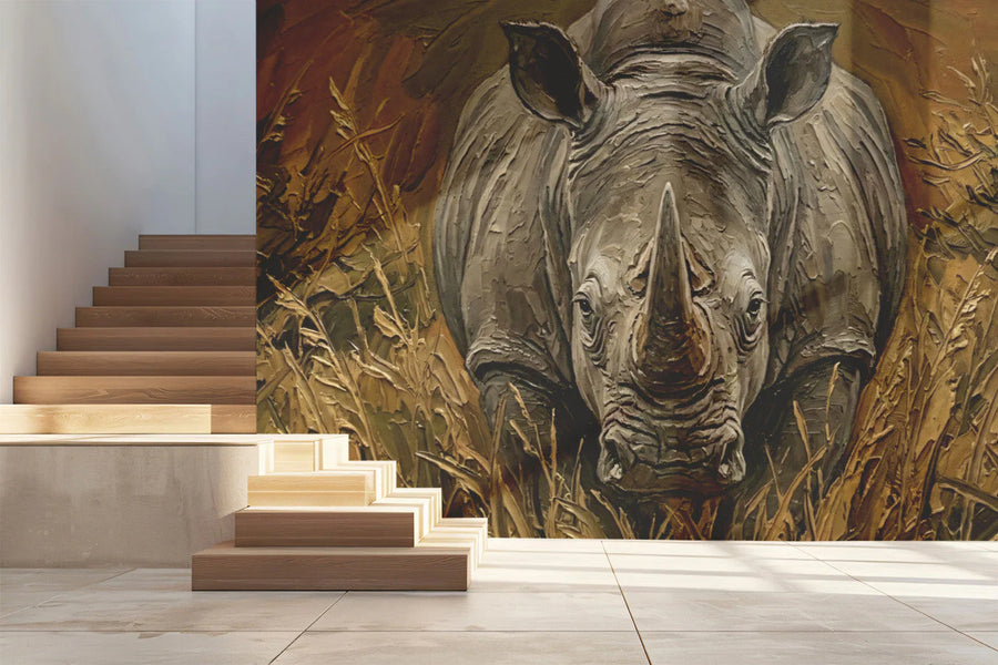 Rhino Portrait Oil Painting Mural Wallpaper — Textured Safari Art Mural Wallpaper