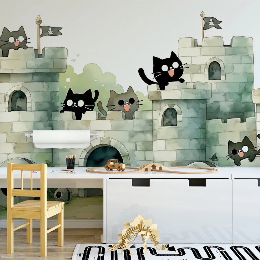 Castle of Playful Cats Mural Wallpaper — Whimsical Kids Decor Mural Wallpaper