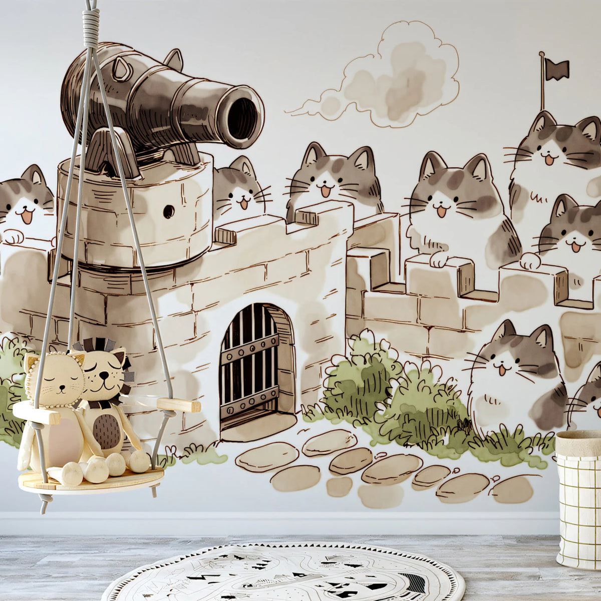 Cat Siege Castle Mural Wallpaper — Whimsical Illustration Mural Wallpaper - pure wallpaper artwork