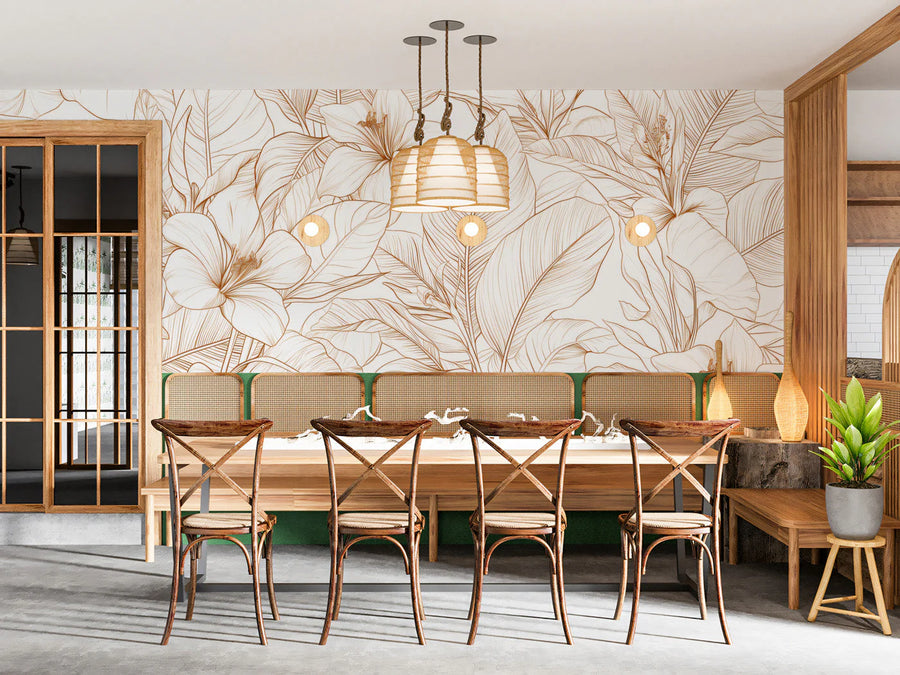 Golden Botanical Line Art Mural Wallpaper in Minimalist Style Mural Wallpaper