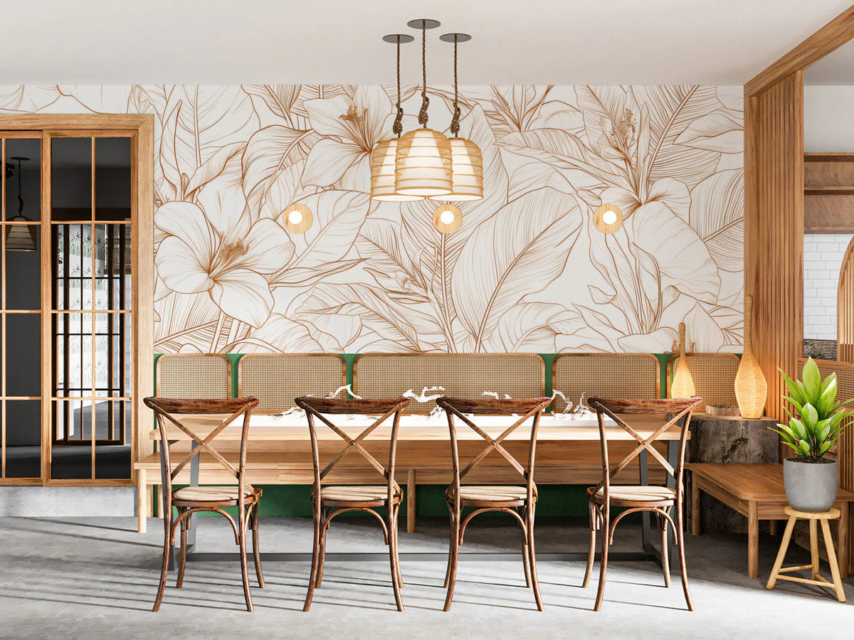 Golden Botanical Line Art Mural Wallpaper in Minimalist Style Mural Wallpaper - pure wallpaper artwork