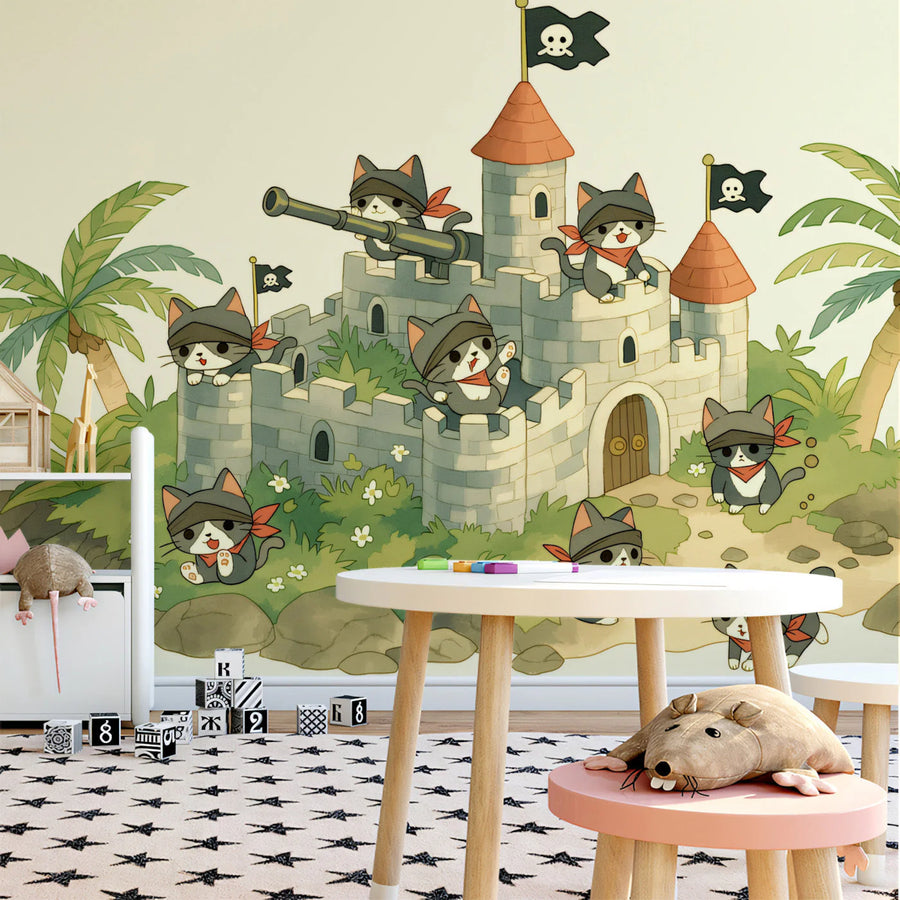 Cat Pirate Fortress Mural Wallpaper — Playful Whimsical Design Mural Wallpaper