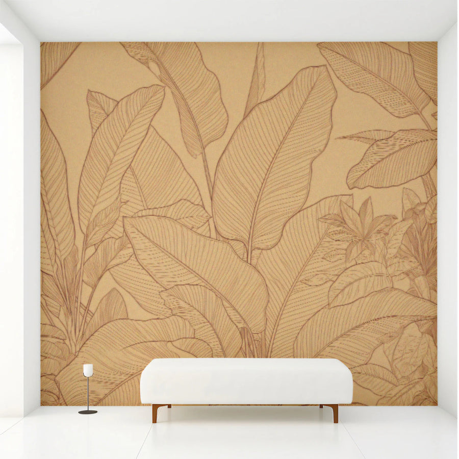 Monochromatic Botanical Line Art Mural Wallpaper — Warm Ochre Mural Wallpaper
