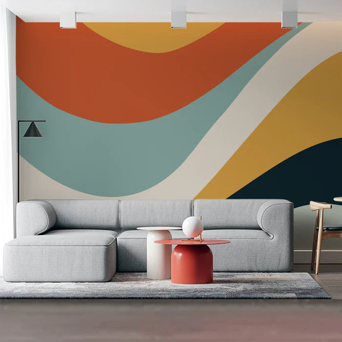 Retro Wavy Stripe Mural Wallpaper in Mid-Century Organic Palette Mural Wallpaper