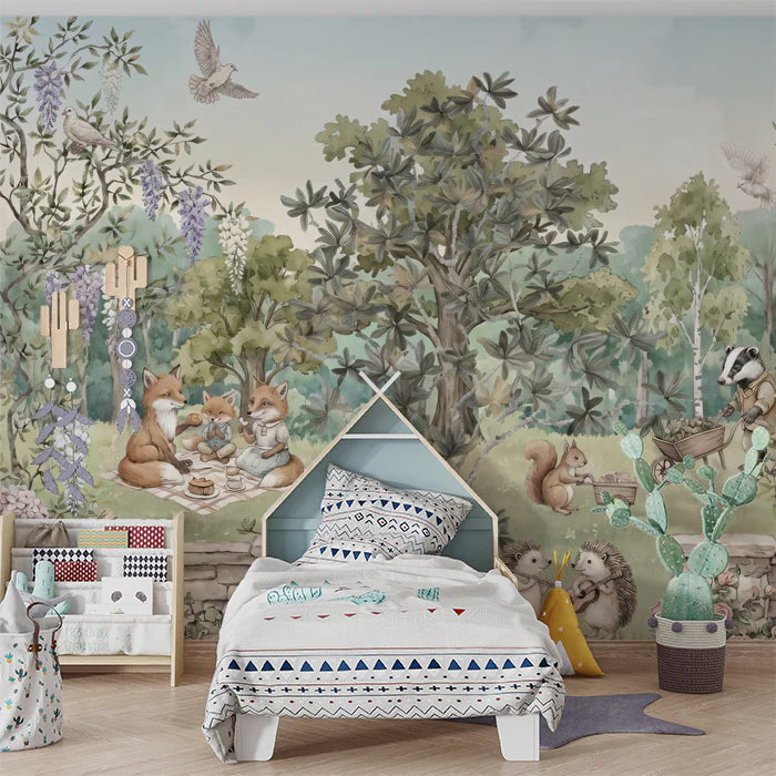 Enchanted Woodland Picnic Mural Wallpaper — Storybook Illustration Mural Wallpaper
