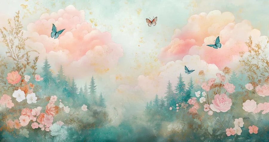Aquarell-inspirierte Fototapete Wolken und Schmetterlinge Mural Wallpaper