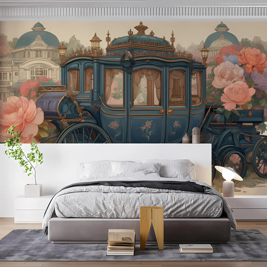 Royal Carriage Floral Mural Wallpaper — Whimsical Heritage Style Mural Wallpaper