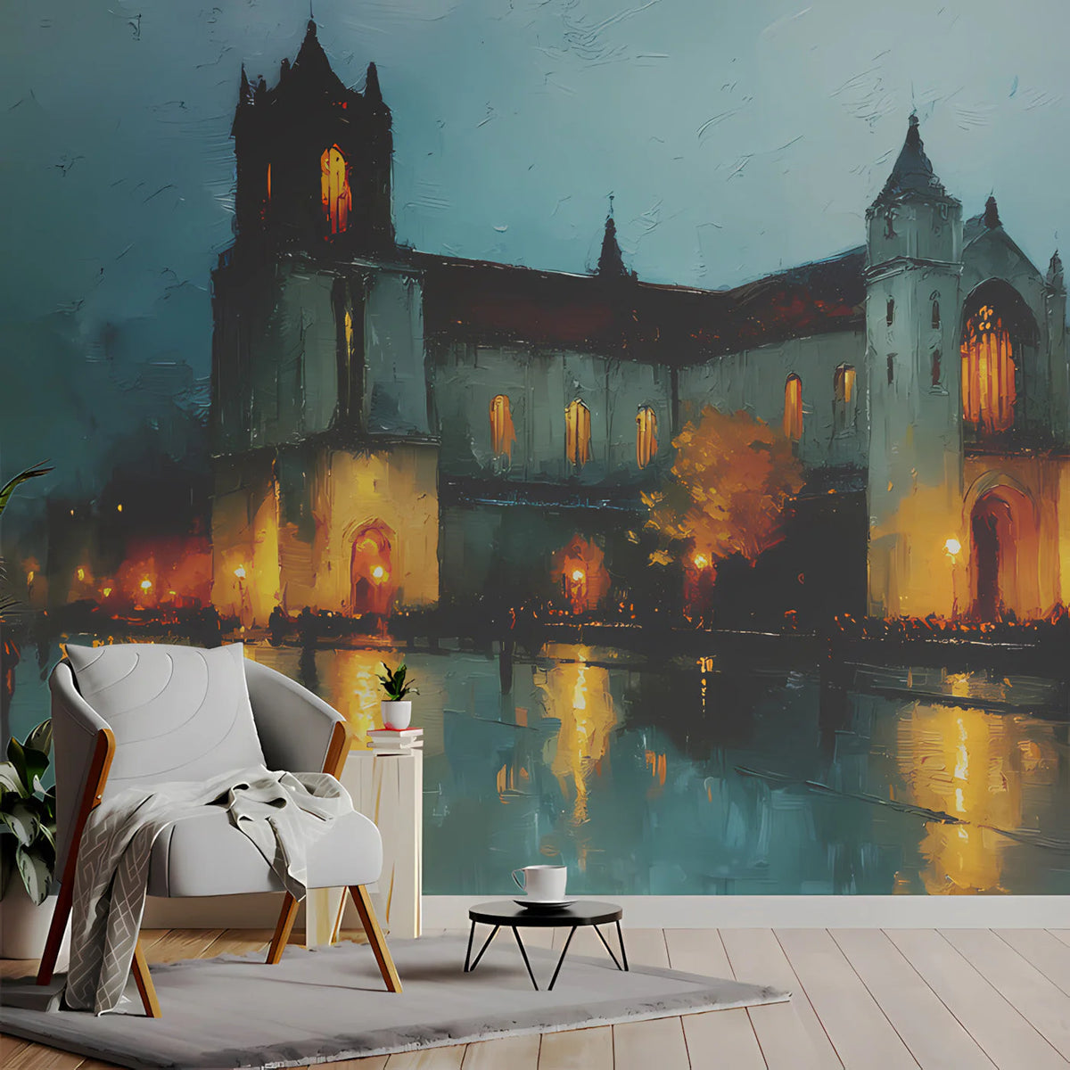 Gothic Cathedral Night Mural Wallpaper — Architectural Oil Painting Mural Wallpaper - pure wallpaper artwork