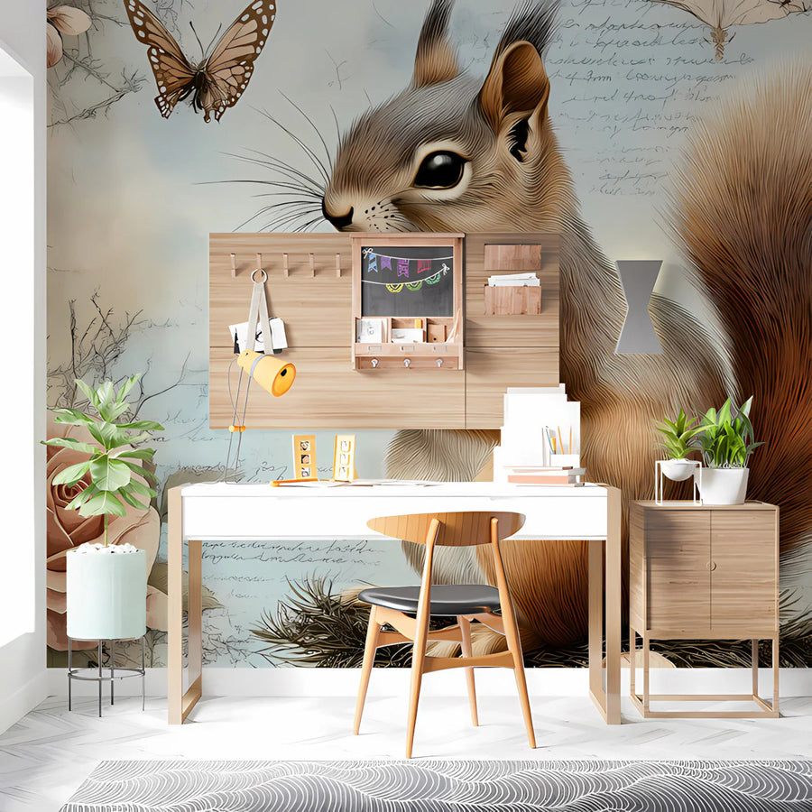 Vintage Squirrel and Rose Botanical Mural Wallpaper