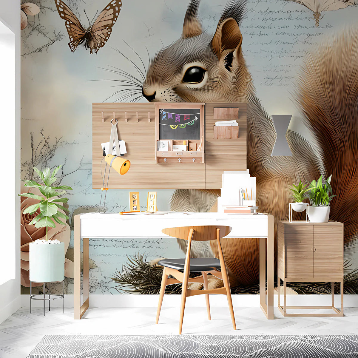 Vintage Squirrel and Rose Botanical Mural Wallpaper - pure wallpaper artwork