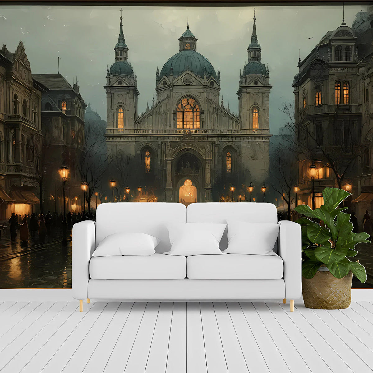 Gothic Cathedral Square Mural Wallpaper — European Cityscape Mural Wallpaper - pure wallpaper artwork