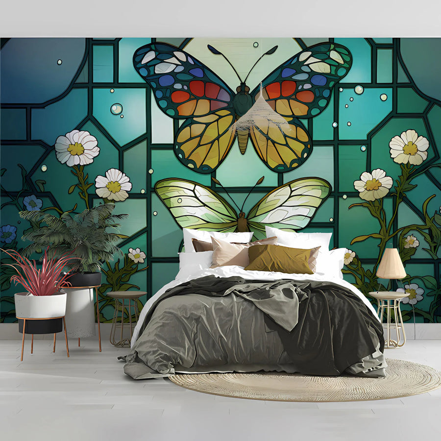 Stained Glass Butterfly Mural Wallpaper — Vibrant Botanical Art Mural Wallpaper