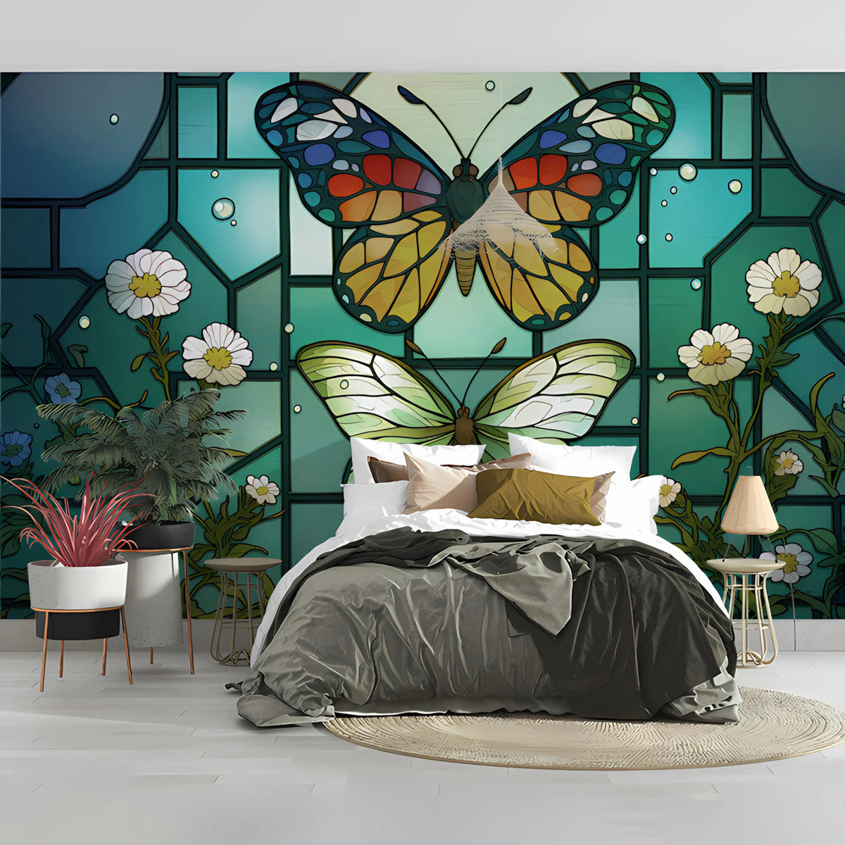 Stained Glass Butterfly Mural Wallpaper — Vibrant Botanical Art Mural Wallpaper - pure wallpaper artwork