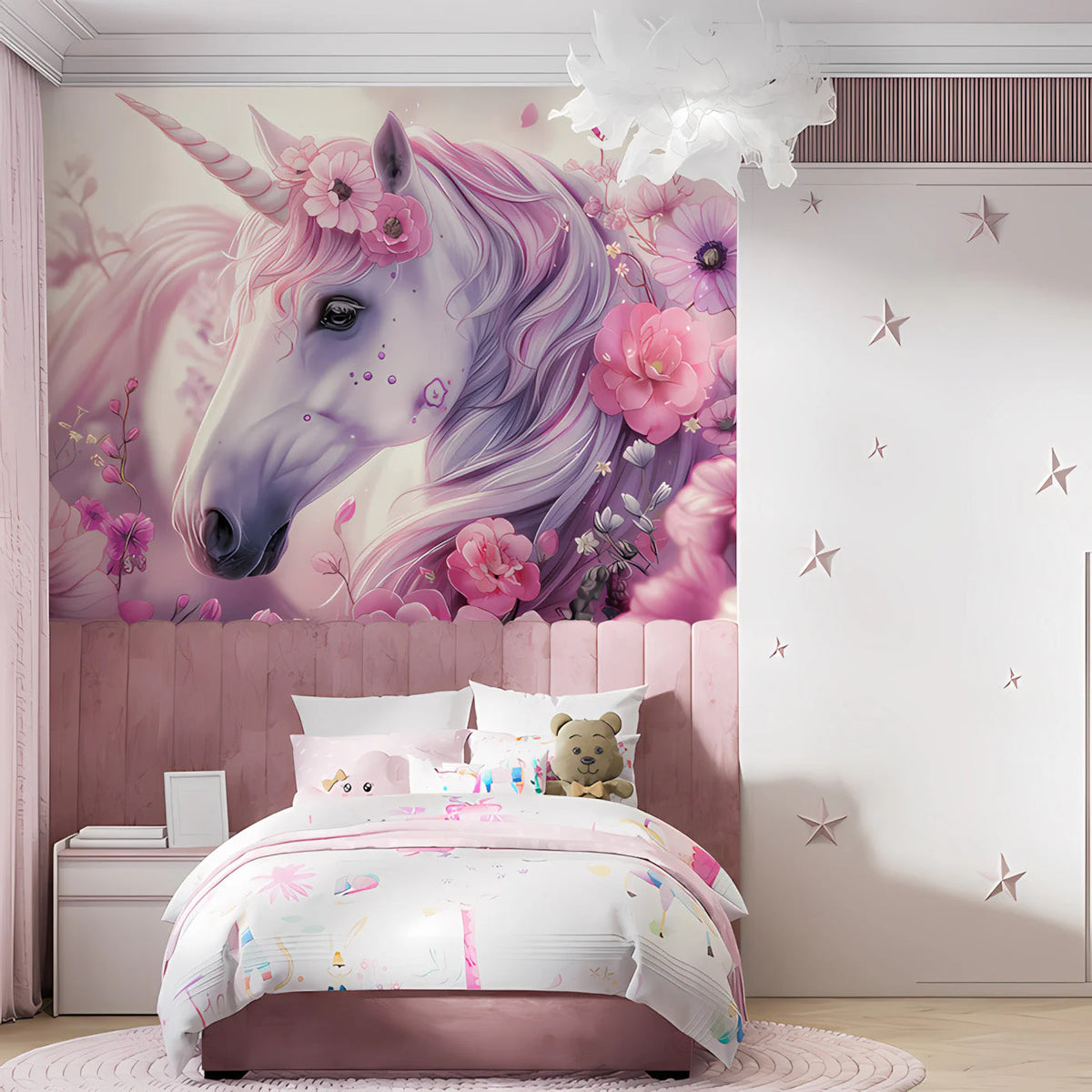 Unicorn and Blossoms Mural Wallpaper — Whimsical Floral Fantasy Mural Wallpaper - pure wallpaper artwork