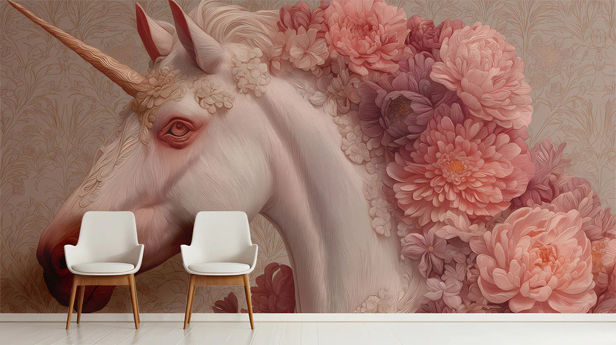 Floral Unicorn Mural Wallpaper with Soft Blush Tones Mural Wallpaper - pure wallpaper artwork