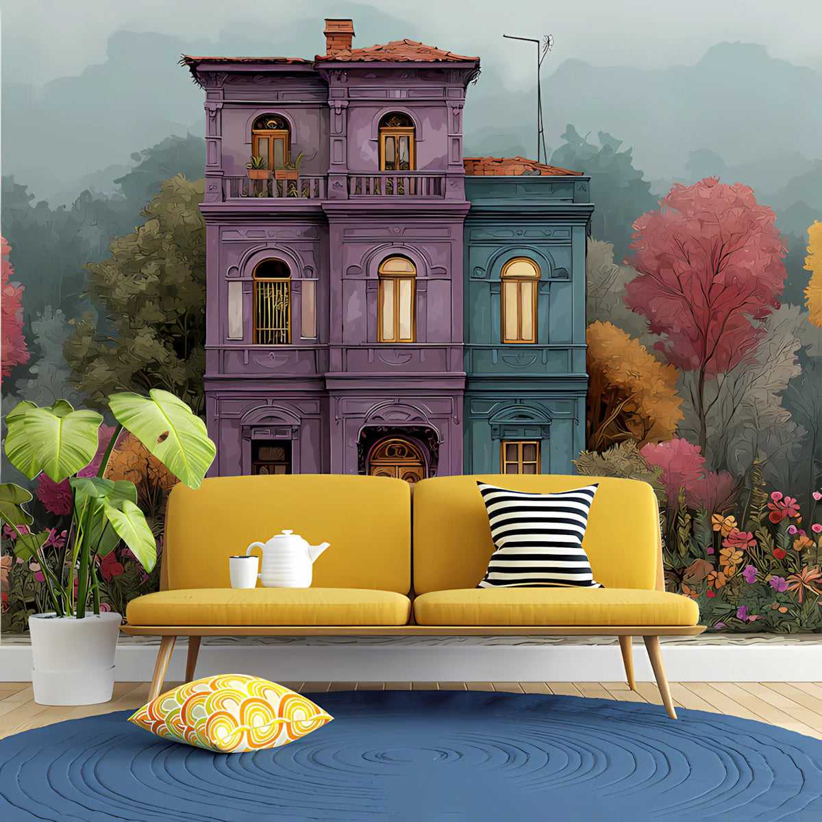 Townhouse Garden Mural Wallpaper —Whimsical Architectural Scene Mural Wallpaper - pure wallpaper artwork