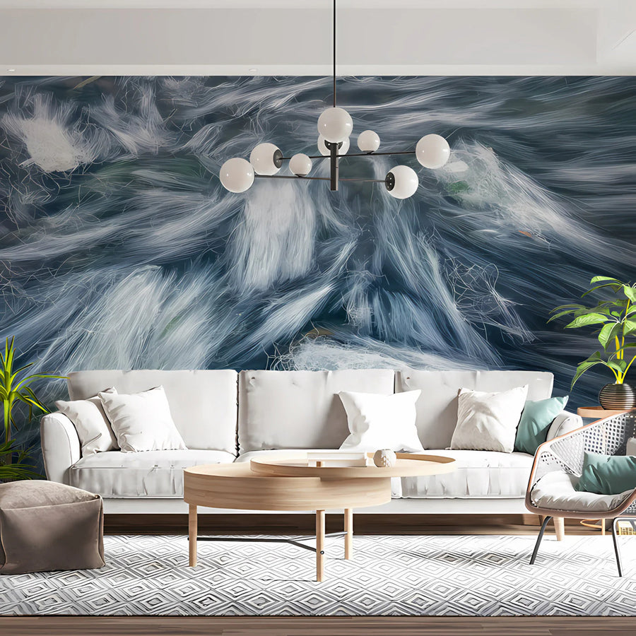 Abstract Flow Mural Wallpaper in Cool Slate and White Mural Wallpaper