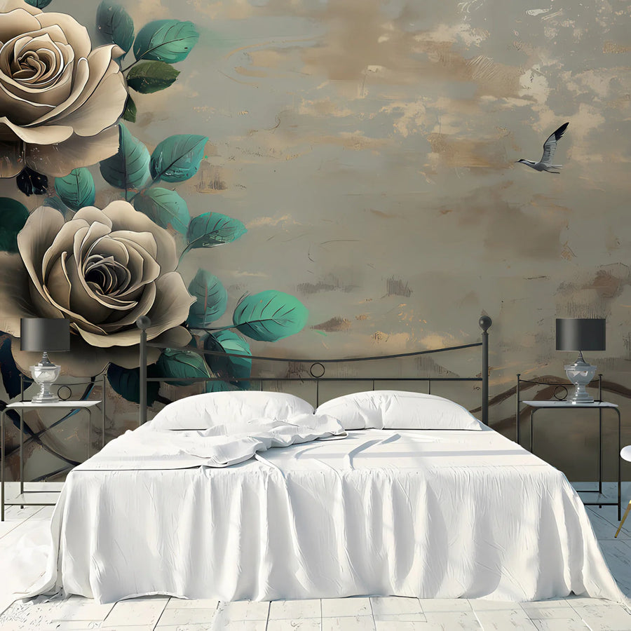 Vintage Rose and Bird Mural Wallpaper — Earthy Artistic Decor Mural Wallpaper