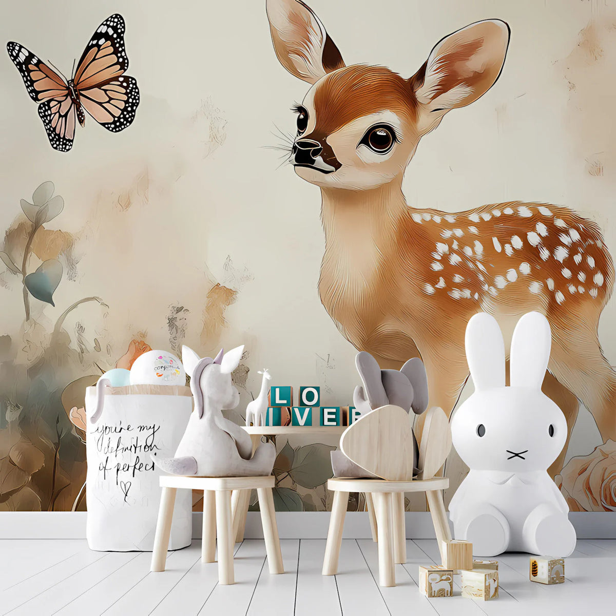 Fawn and Rose Garden Mural Wallpaper — Whimsical Nature Scene Mural Wallpaper - pure wallpaper artwork