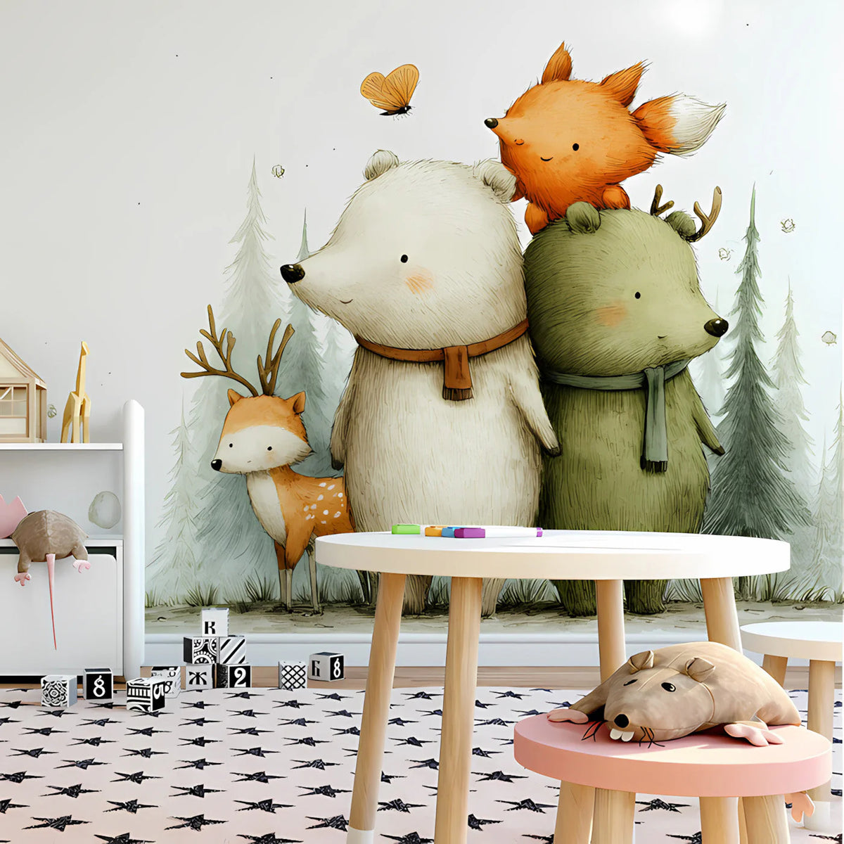 Forest Friends Whimsical Mural Wallpaper — Soft Woodland Illustration Mural Wallpaper - pure wallpaper artwork