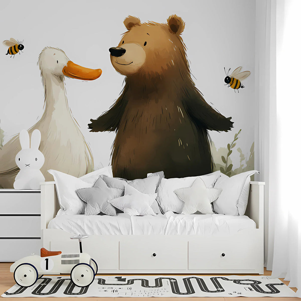 Bear and Duck Storybook Mural Wallpaper — Whimsical Kids Illustration Mural Wallpaper - pure wallpaper artwork