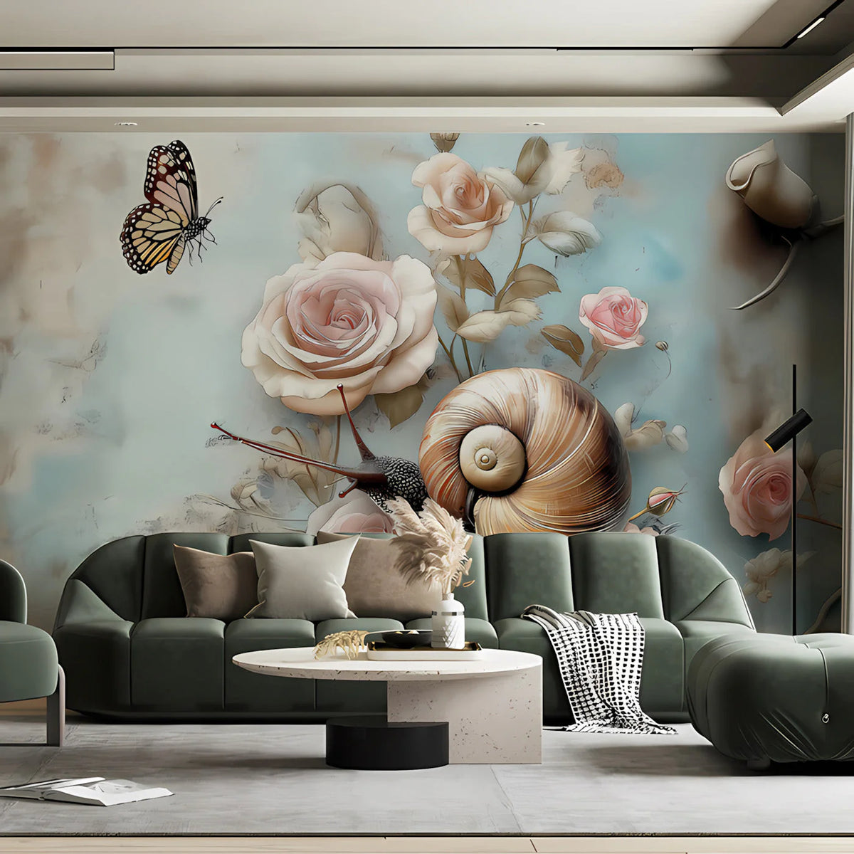Snail and Rose Garden Mural Wallpaper — Whimsical Soft Aesthetic Mural Wallpaper - pure wallpaper artwork