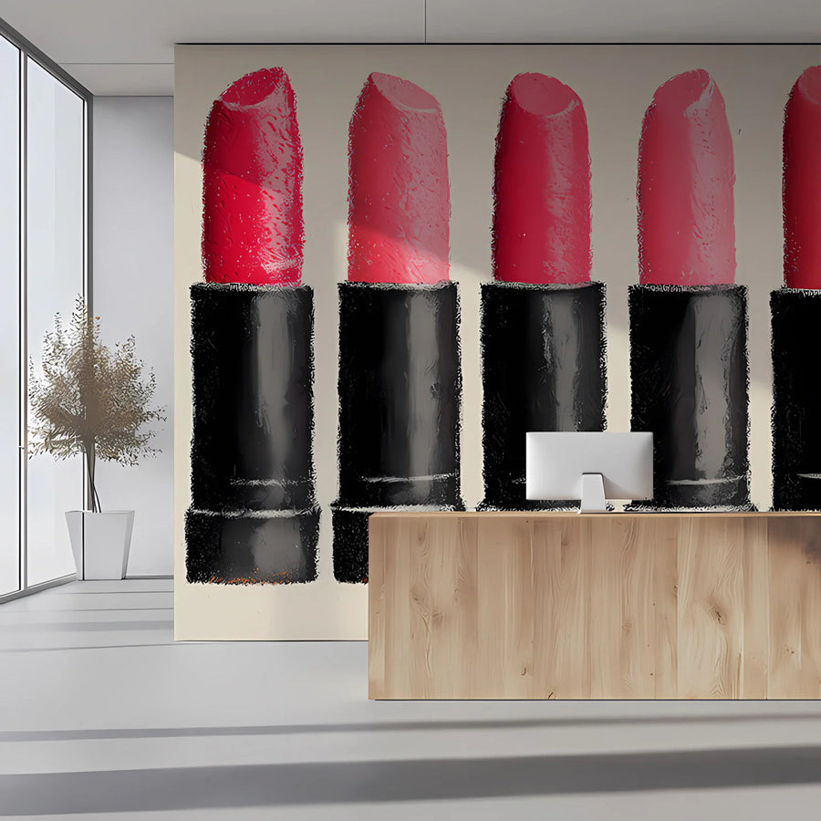 Cosmetic Lipstick Lineup Mural Wallpaper in Pink and Charcoal Mural Wallpaper